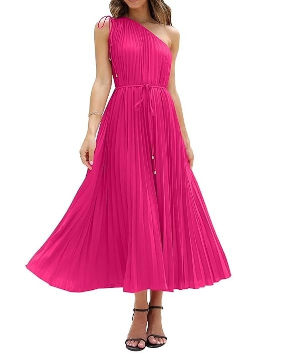 BTFBM Women's Drawstring One Shoulder Maxi Sleeveless Tie Waist PleatedCocktail